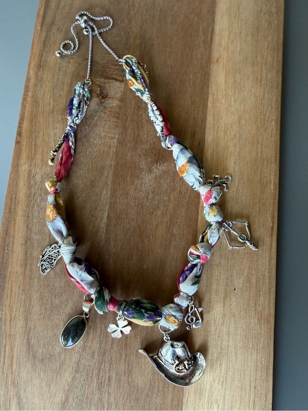 ⭐️ Handmade Upcycled Bandana charm necklace -STAMPEDE slv- vintage adjustable